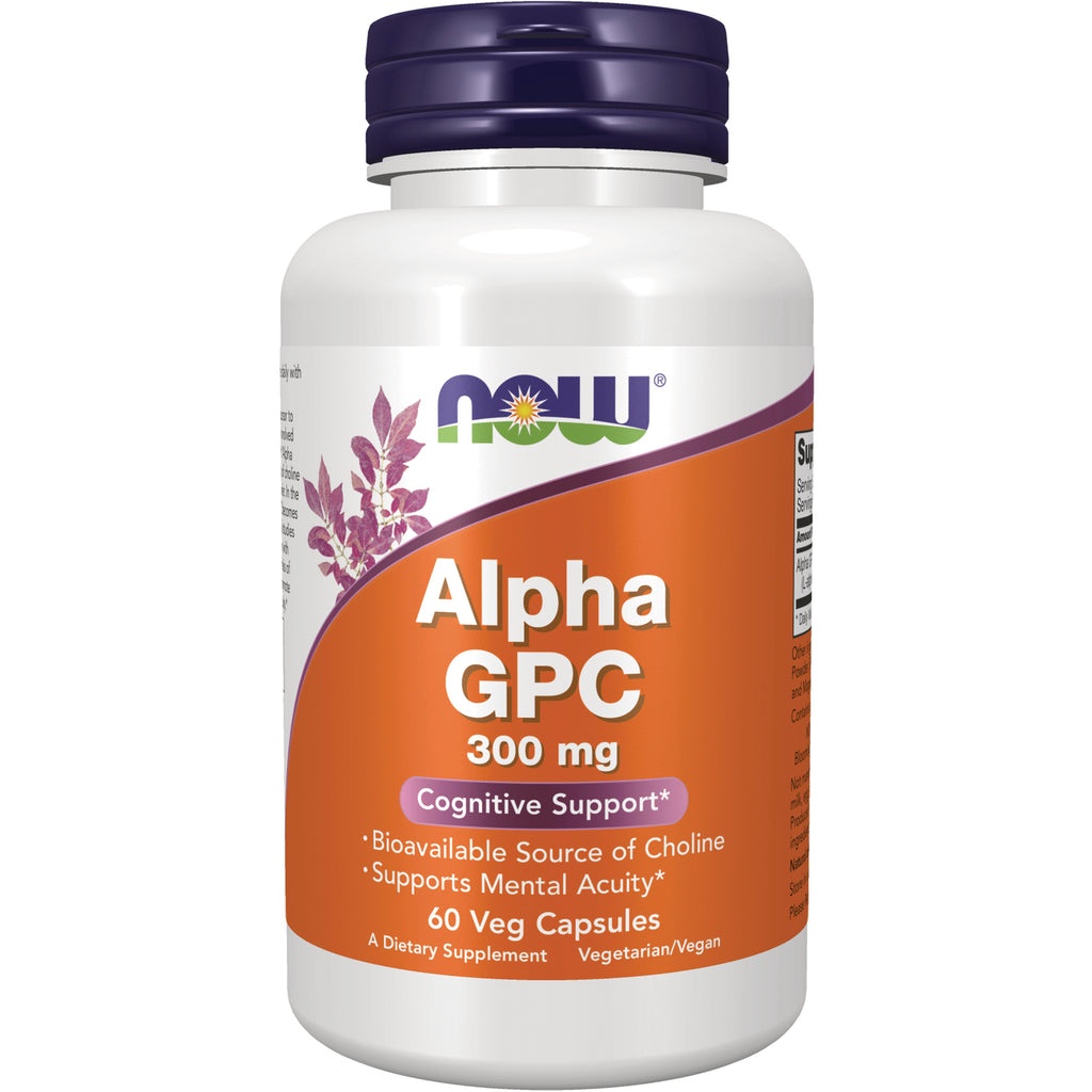NWF588 | NOW Alpha GPC 300 mg white bottle with orange label, 60 veg capsules, Cognitive Support - Thumbnail
