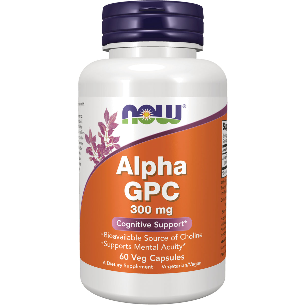NWF588 | NOW Alpha GPC 300 mg white bottle with orange label, 60 veg capsules, Cognitive Support