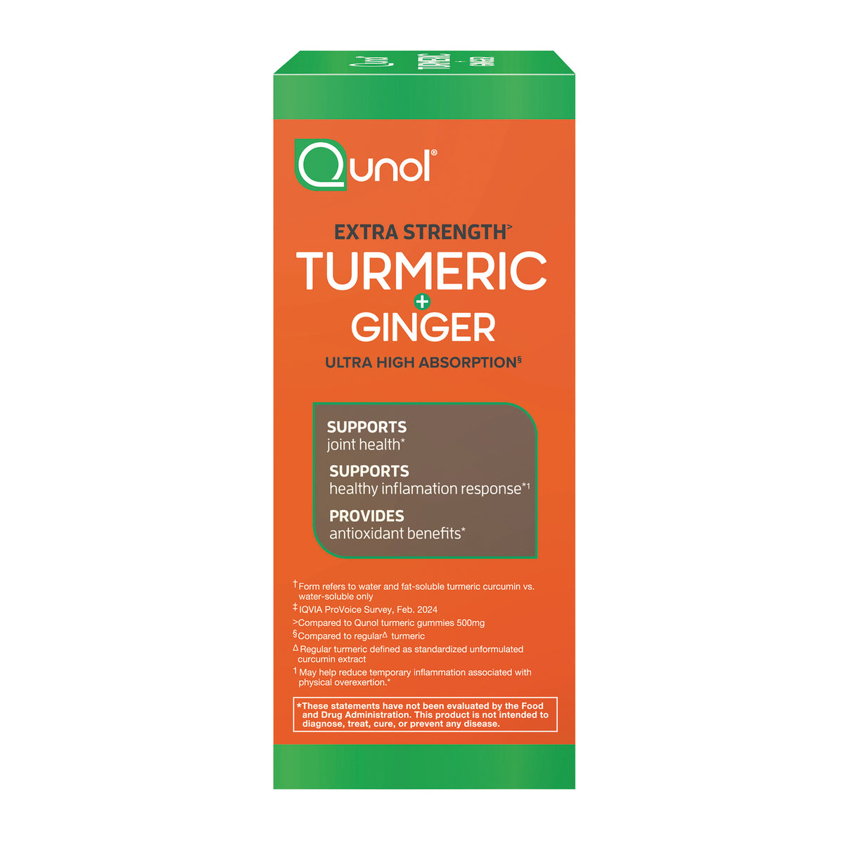 QNL018 | Qunol Extra Strength Turmeric + Ginger box front with supports and ultra high absorption claims