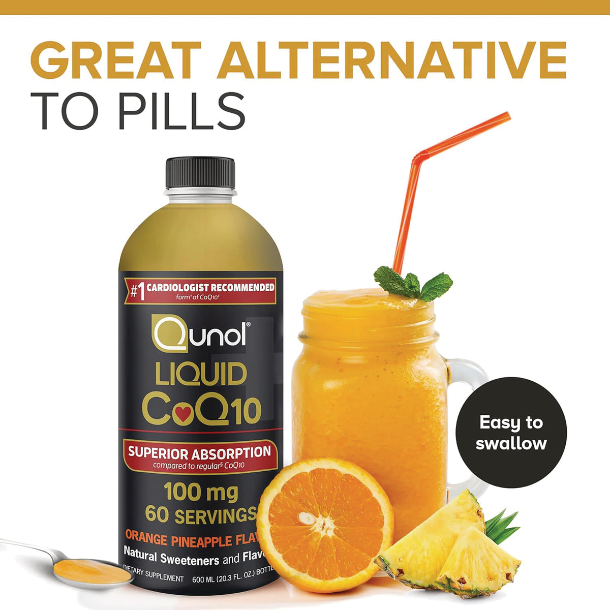 QNL005 | Qunol Liquid CoQ10 bottle with orange pineapple flavor, easy to swallow, and fruit drink