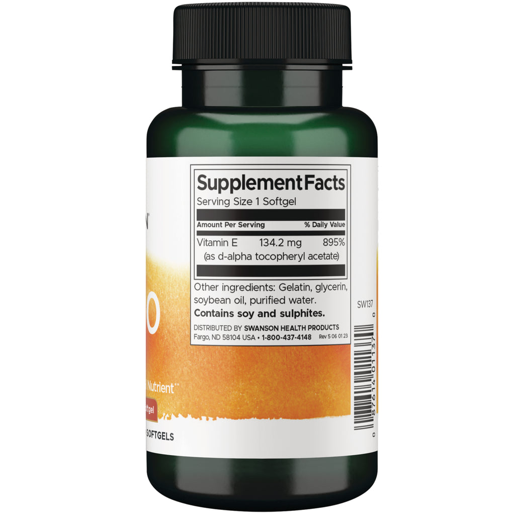 SW137 | Supplement Facts: serving size 1 softgel; Vitamin E 134.2 mg (895% DV); suggested use and warning - Thumbnail