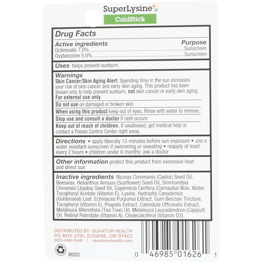 QU030 | SuperLysine ColdStick back panel showing Drug Facts, directions, inactive ingredients and barcode - Thumbnail