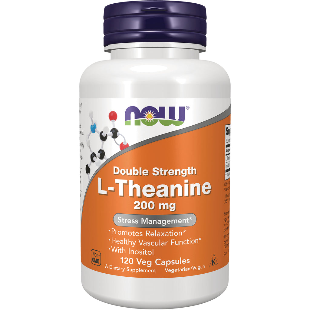 NWF1318 | NOW Double Strength L-Theanine 200 mg white bottle with orange label, 120 veg capsules - Thumbnail