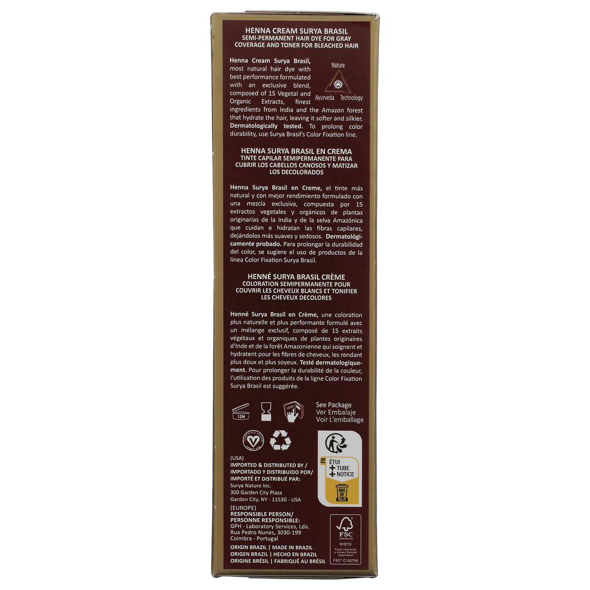 SUR024 | Henna Cream Surya Brasil side panel with multilingual description and certification icons