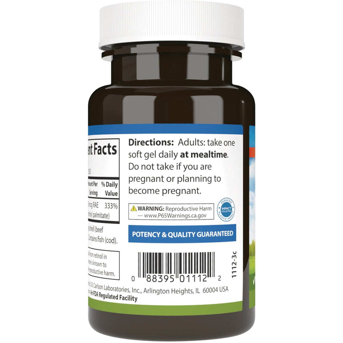 CSN270 | Back of brown supplement bottle showing directions, warning, barcode, and potency & quality guaranteed label
