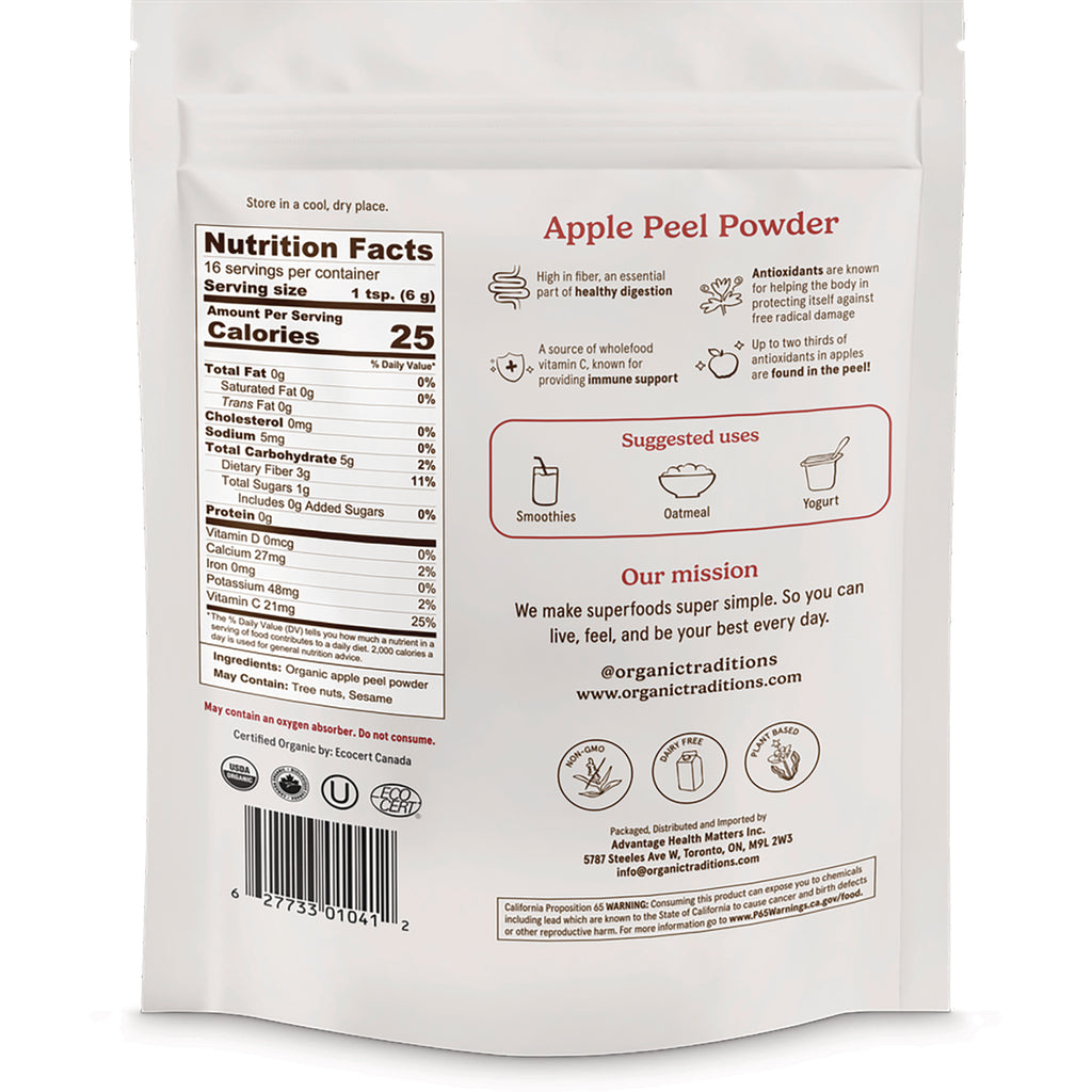 OTR065 | Back of Apple Peel Powder pouch showing Nutrition Facts panel, suggested uses and mission text - Thumbnail