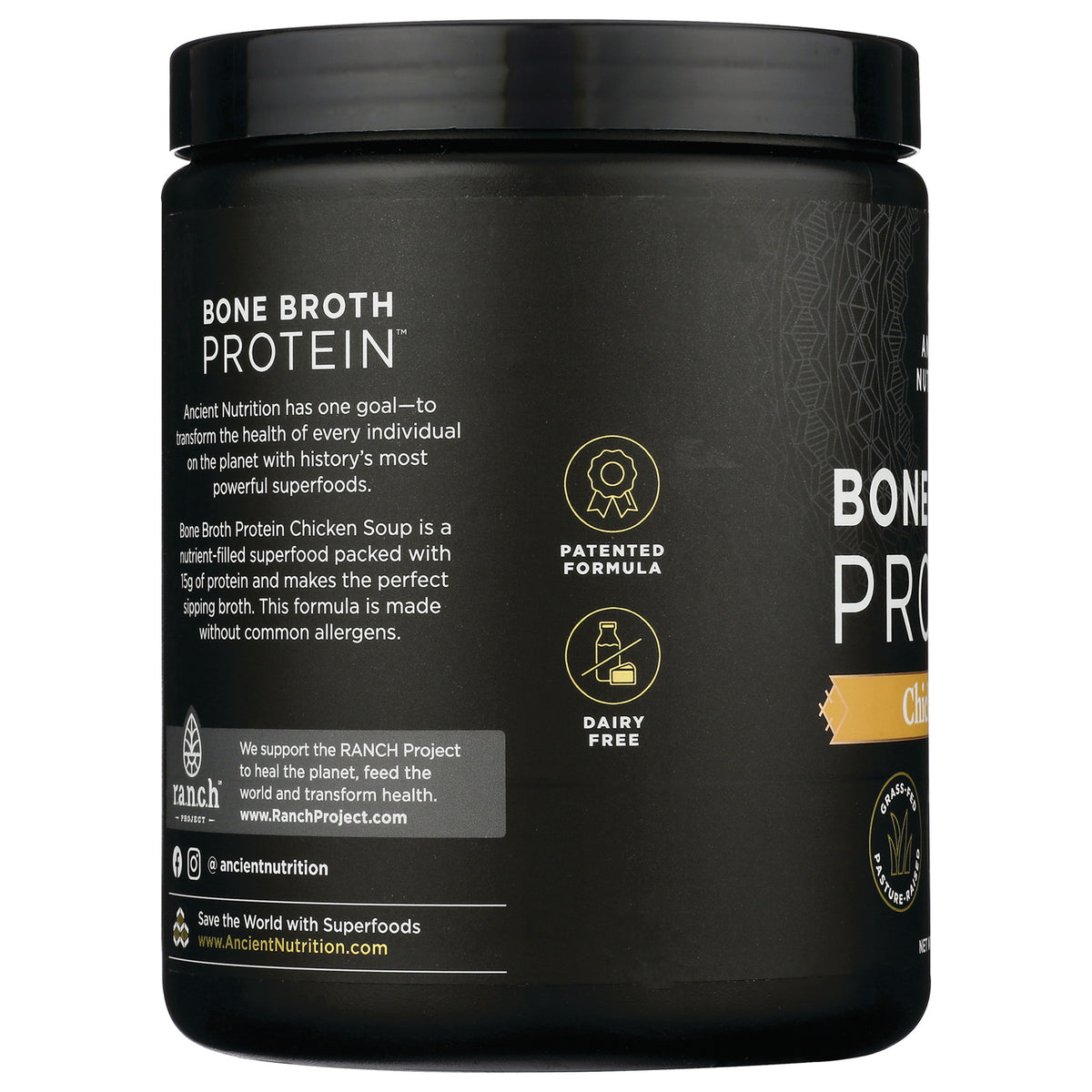 ATN095 | black Bone Broth Protein tub label showing Bone Broth Protein title, patented formula and dairy free icons