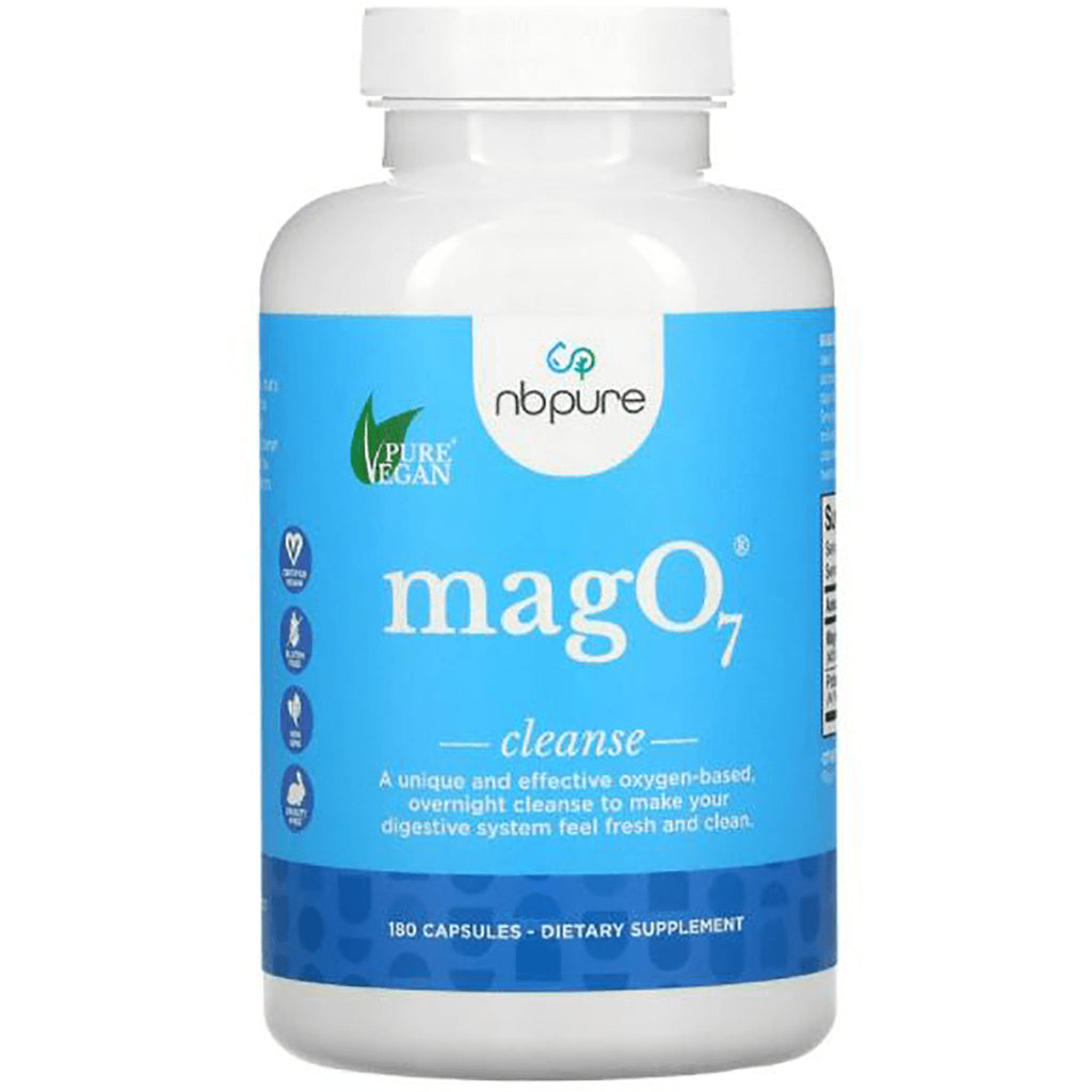 ARL007 | White supplement bottle with blue label reading magO7 cleanse and nbpure logo, 180 capsules dietary supplement - Thumbnail