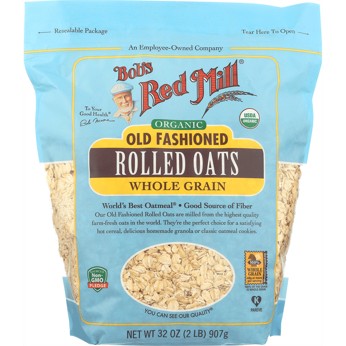 BOB312 | Bob's Red Mill organic old fashioned rolled oats bag, front packaging with clear window showing oats