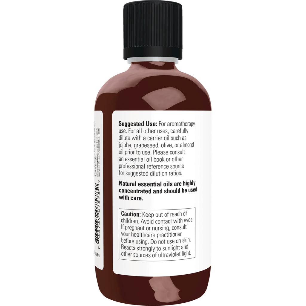 NWF501 | back of brown essential oil bottle showing suggested use instructions and caution label - Thumbnail
