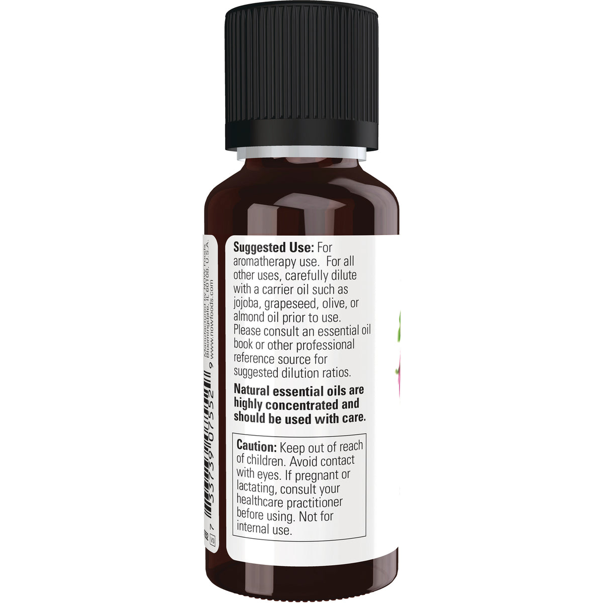 NWF477 | Back label of brown essential oil bottle showing suggested use and caution text