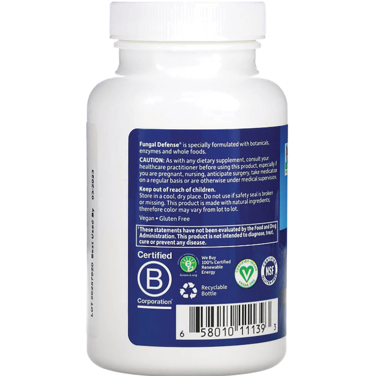 GLF007 | Back label of white supplement bottle reading Fungal Defense with caution text, certifications, and barcode