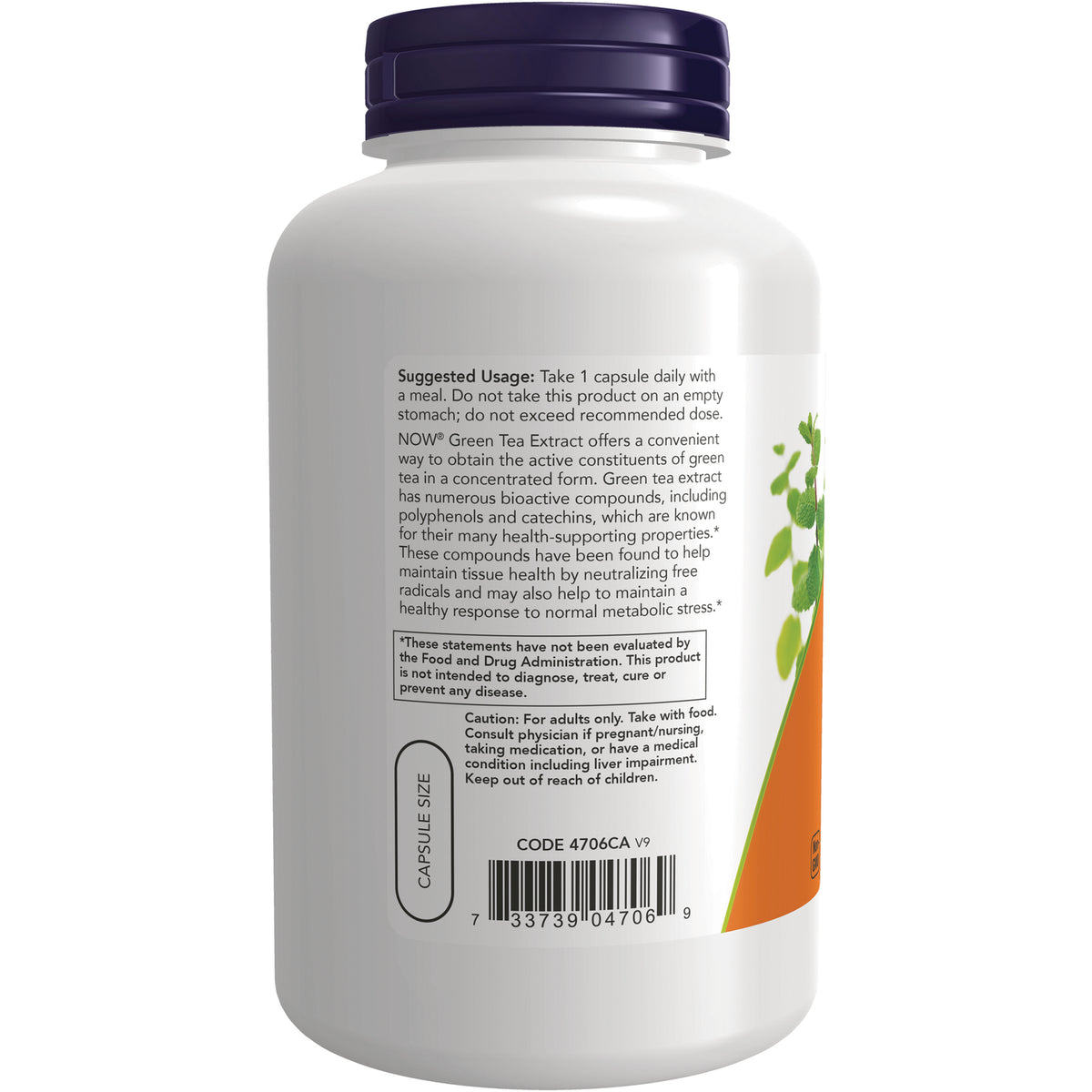 NWF679 | Back of white supplement bottle showing suggested usage, caution text, barcode and capsule size label