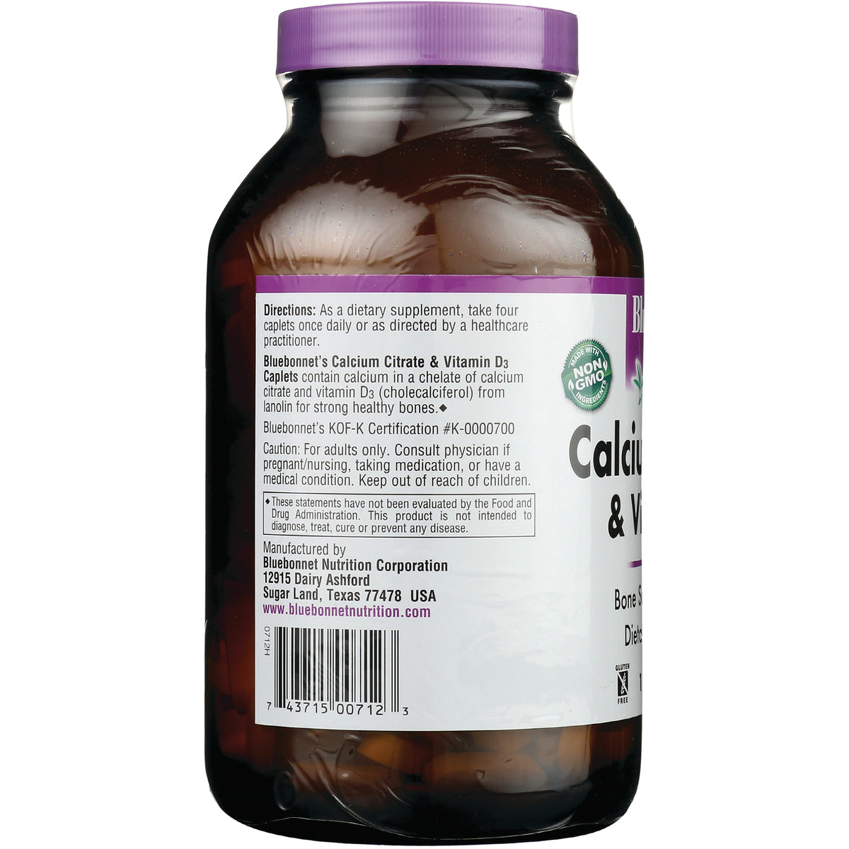 BLU061 | back label of calcium citrate and vitamin D3 bottle showing directions, warnings, manufacturer info and barcode