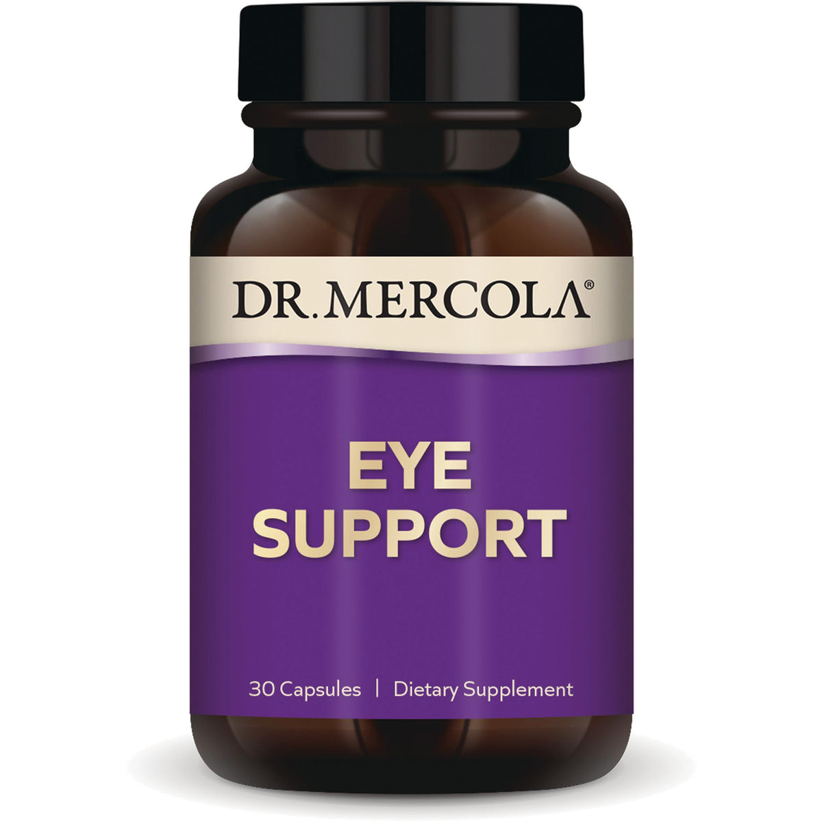 MRC053 | Dr. Mercola Eye Support bottle with purple label reading EYE SUPPORT, 30 Capsules Dietary Supplement
