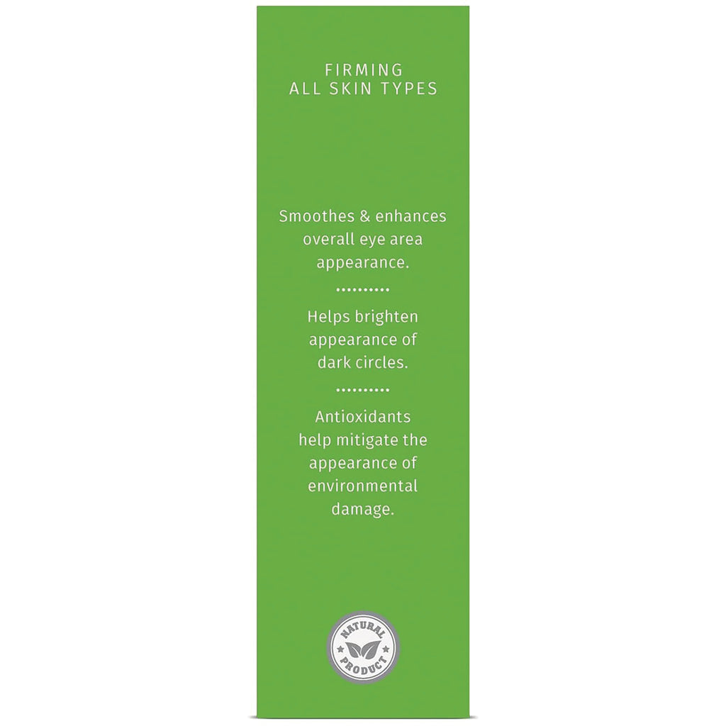 RV025 | green product infographic panel reading Firming All Skin Types; lists smoothing eye area, brightening dark circles, antioxidants reduce environmental damage - Thumbnail