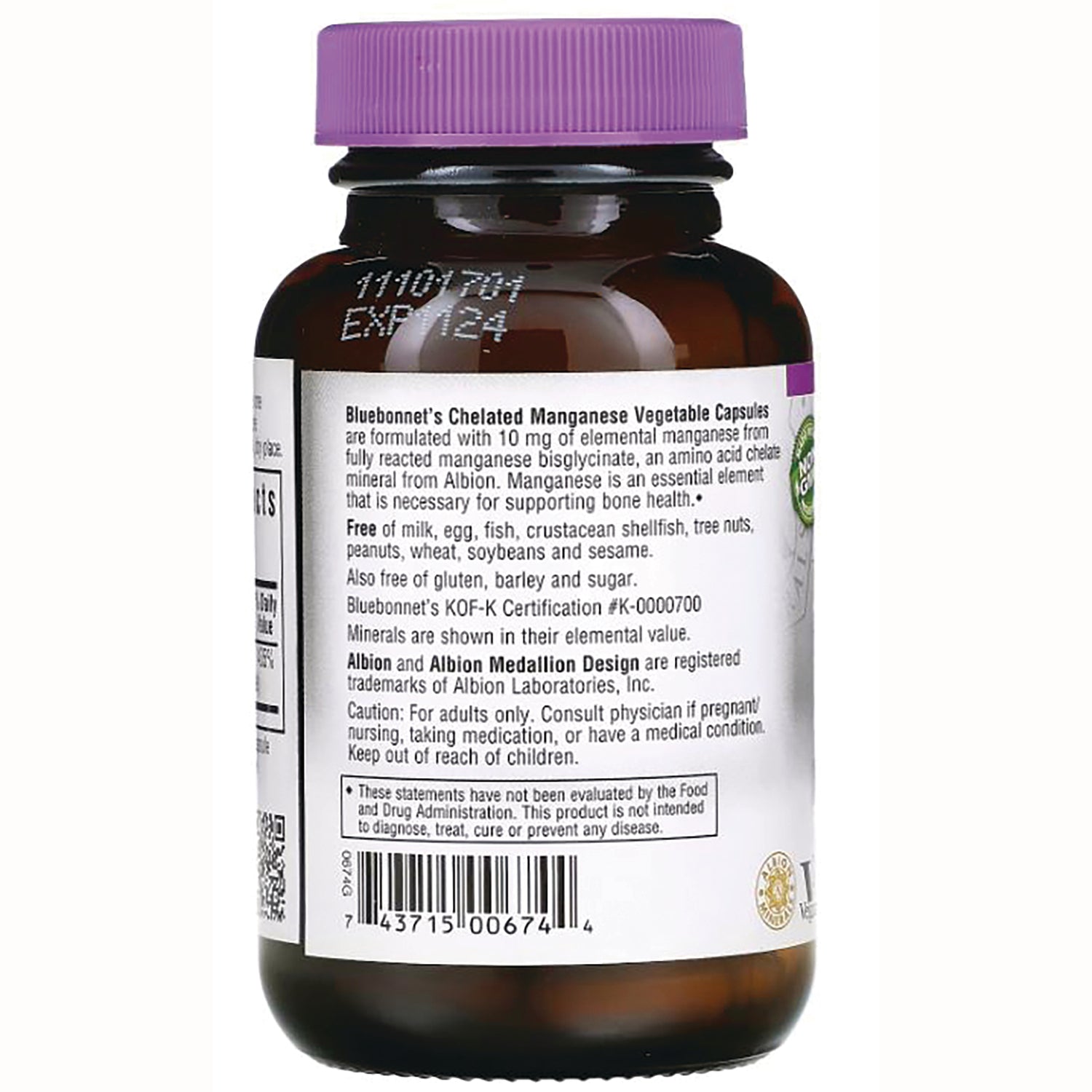 BLU068 | Back of brown supplement bottle with purple cap showing ingredients, warnings, barcode and text Bluebonnet's Chelated Manganese