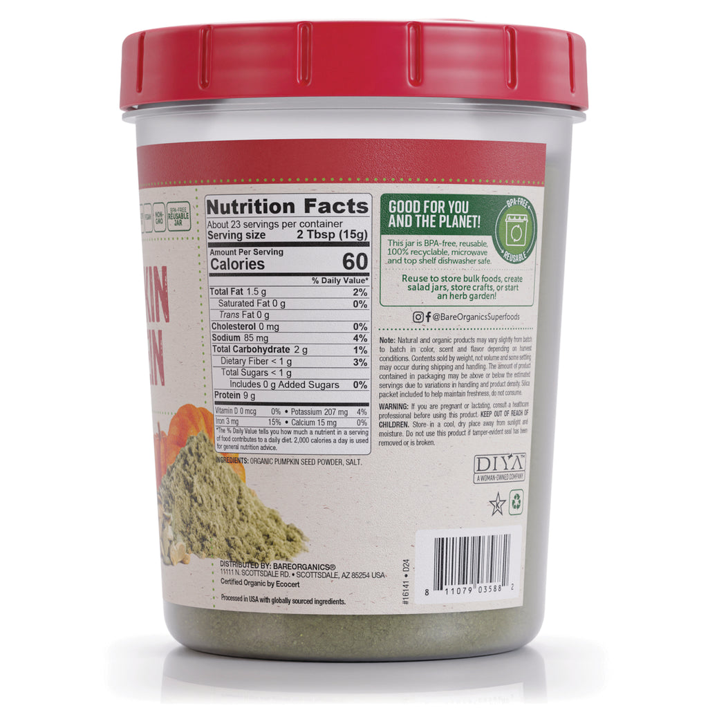 BOR068 | back label with Nutrition Facts panel, product info and barcode on red-lidded powder container - Thumbnail
