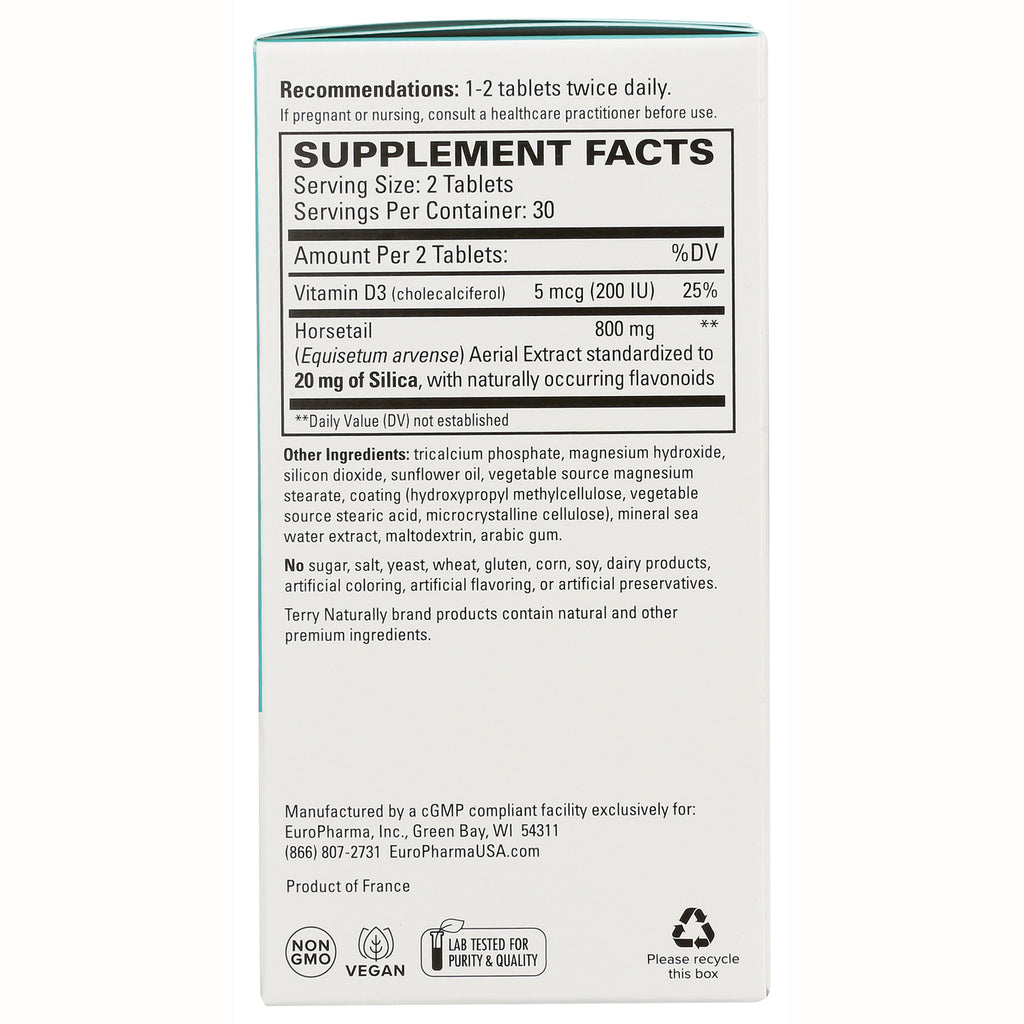 EUR019 | Back panel showing Supplement Facts with serving size 2 tablets, Vitamin D3 5 mcg (200 IU), Horsetail 800 mg and other ingredients - Thumbnail