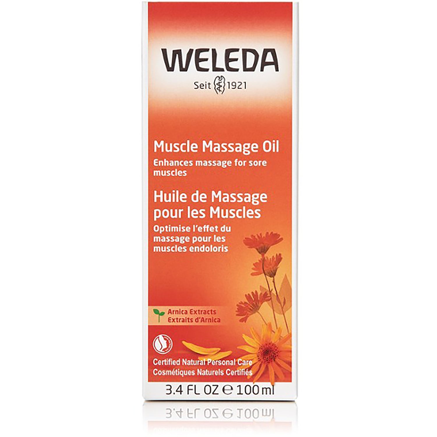 WEL003 | Weleda Muscle Massage Oil box front with arnica flowers, 3.4 fl oz 100 ml