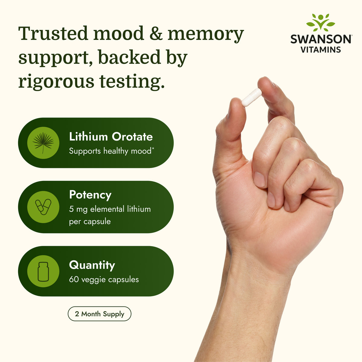 SWU913 | Lithium orotate infographic highlighting mood support, 5 mg per capsule, 60 veggie capsules, and 2 month supply