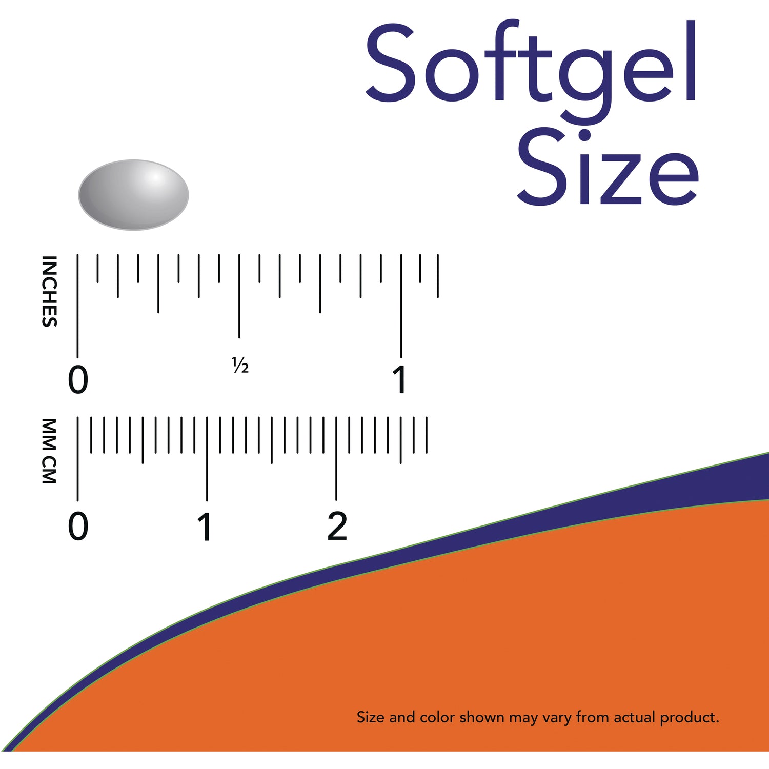 NWF157 | silver oval softgel beside inch and mm rulers with text Softgel Size