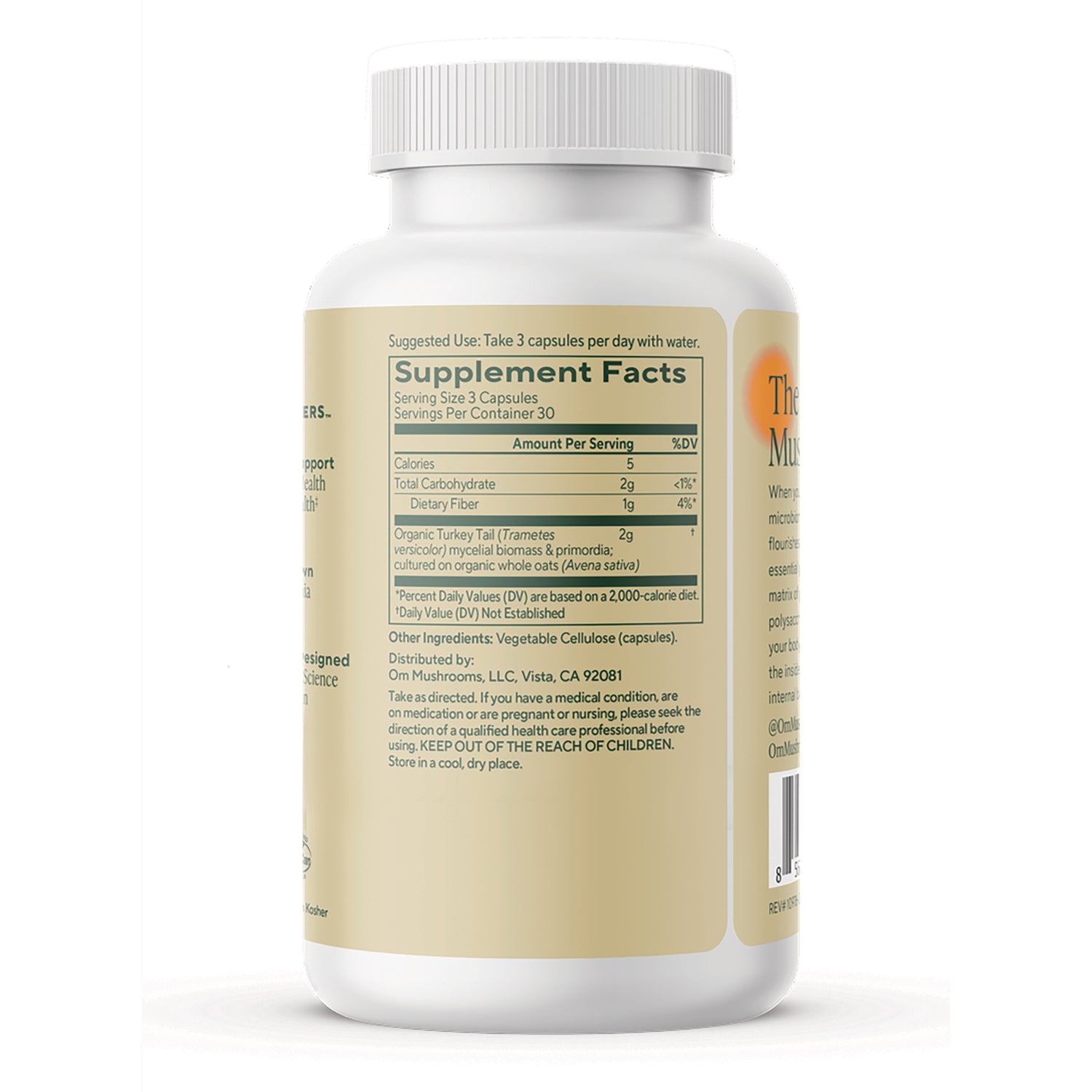 MMX024 | Back label showing Supplement Facts, serving size 3 capsules and 2000mg organic turkey tail mushroom