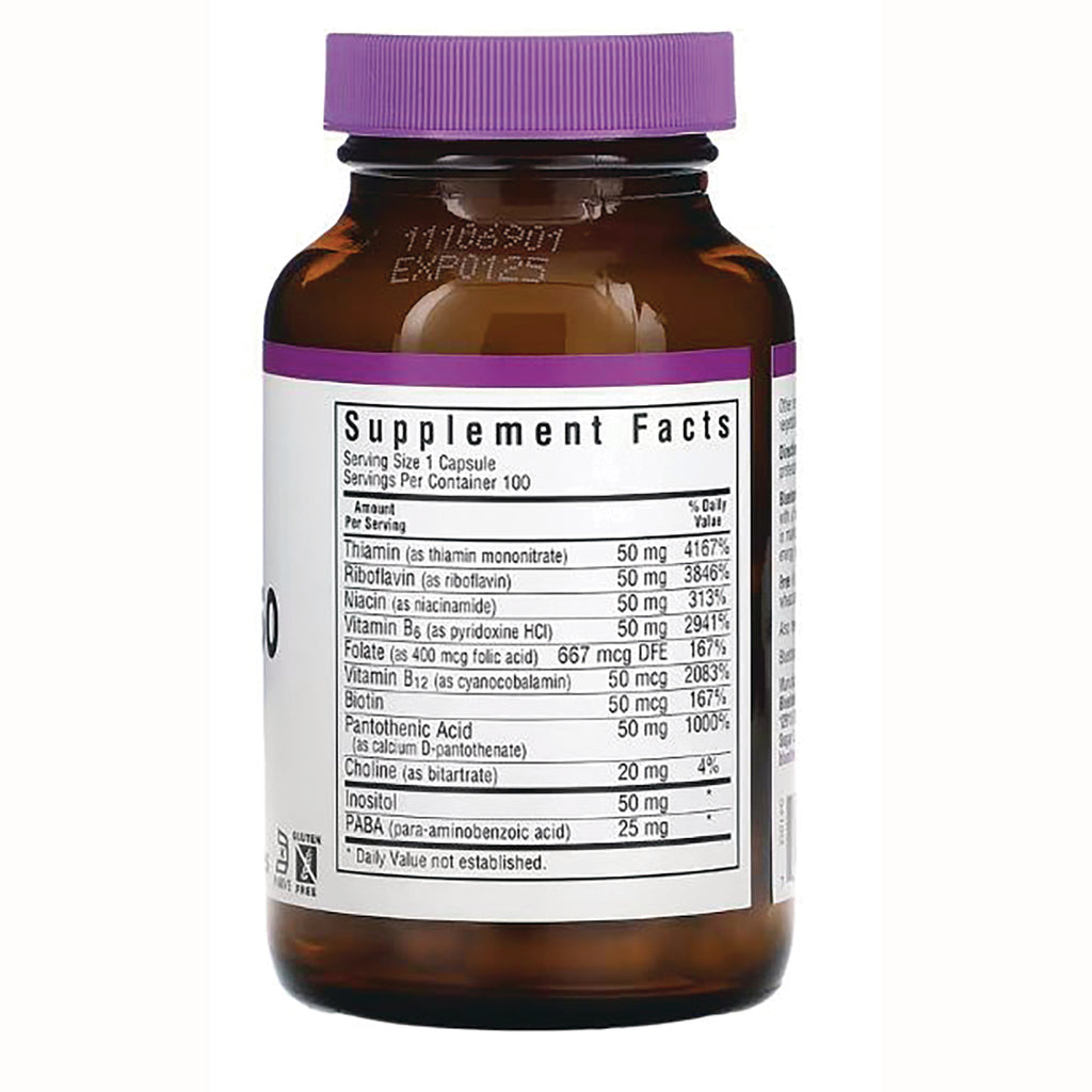 BLU055 | Brown supplement bottle back with purple cap showing Supplement Facts nutrition label and ingredient amounts - Thumbnail