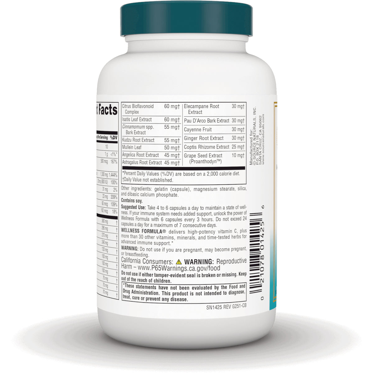 SN146 | Back label showing Supplement Facts, ingredients, suggested use, warnings, and barcode