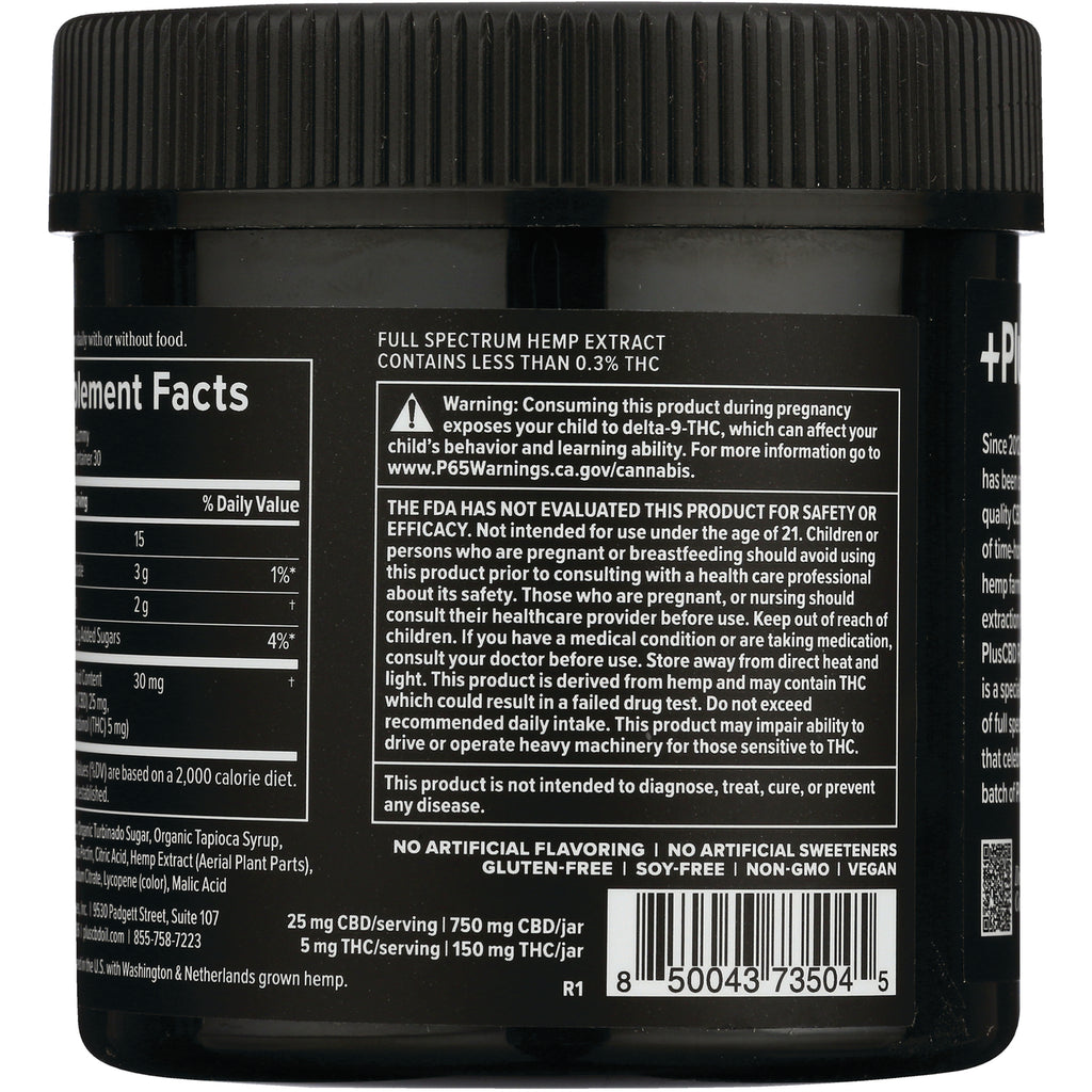 Back label of black CBD jar showing supplement facts, warning text, dosage details and barcode - Thumbnail