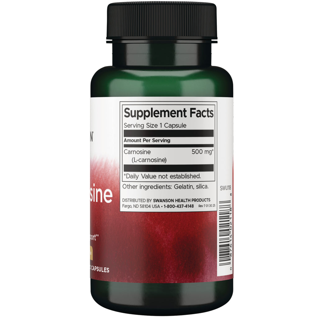 SWU118 | Back label with Supplement Facts: serving size 1 capsule; Carnosine (L-carnosine) 500 mg - Thumbnail