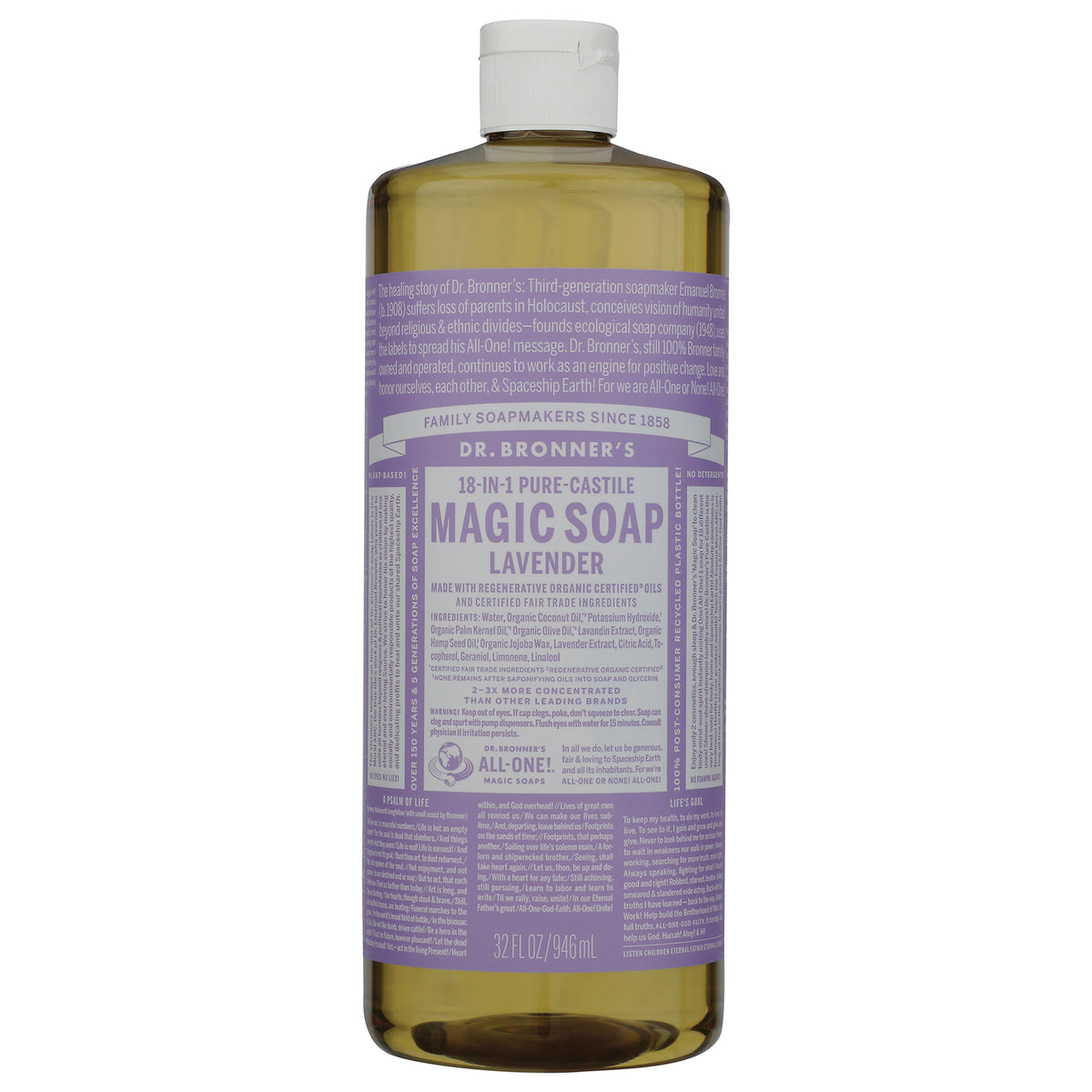 DRB025 | Dr. Bronner's 18-in-1 Hemp Lavender Pure-Castile Soap bottle labeled 32 FL OZ 946 mL