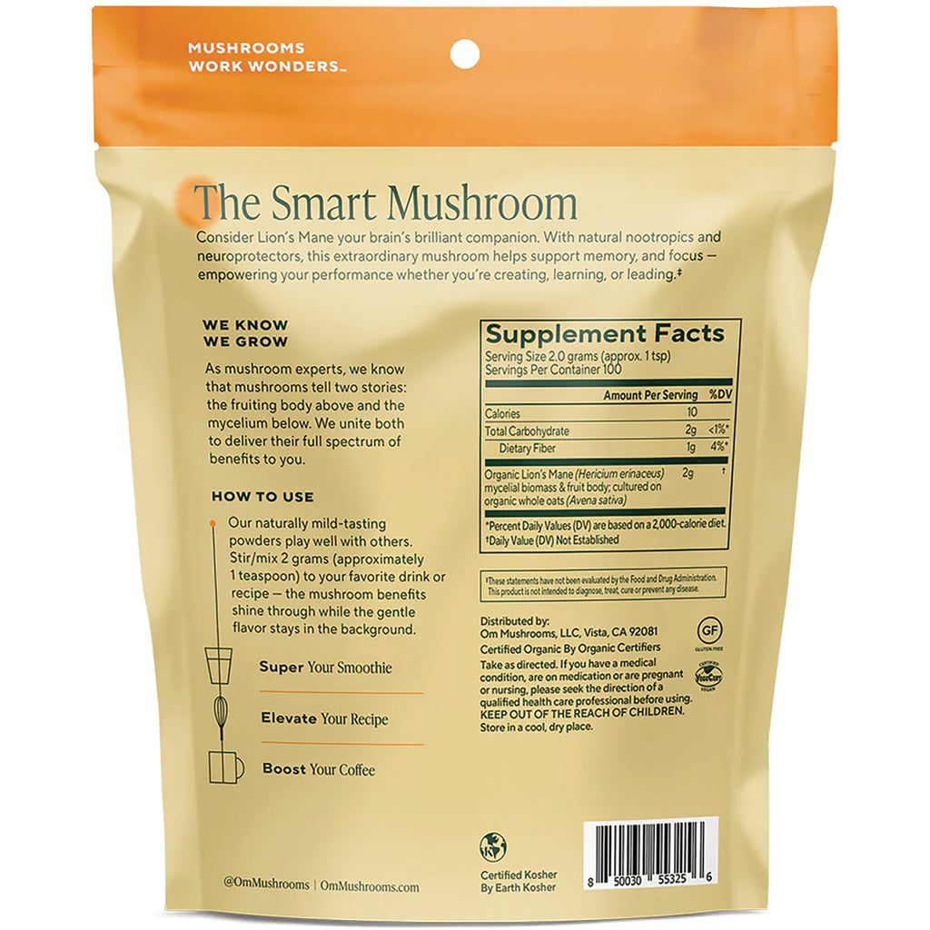 MMX041 | Back of white mushroom supplement pouch showing Supplement Facts, Lion's Mane description, QR code and barcode - Thumbnail