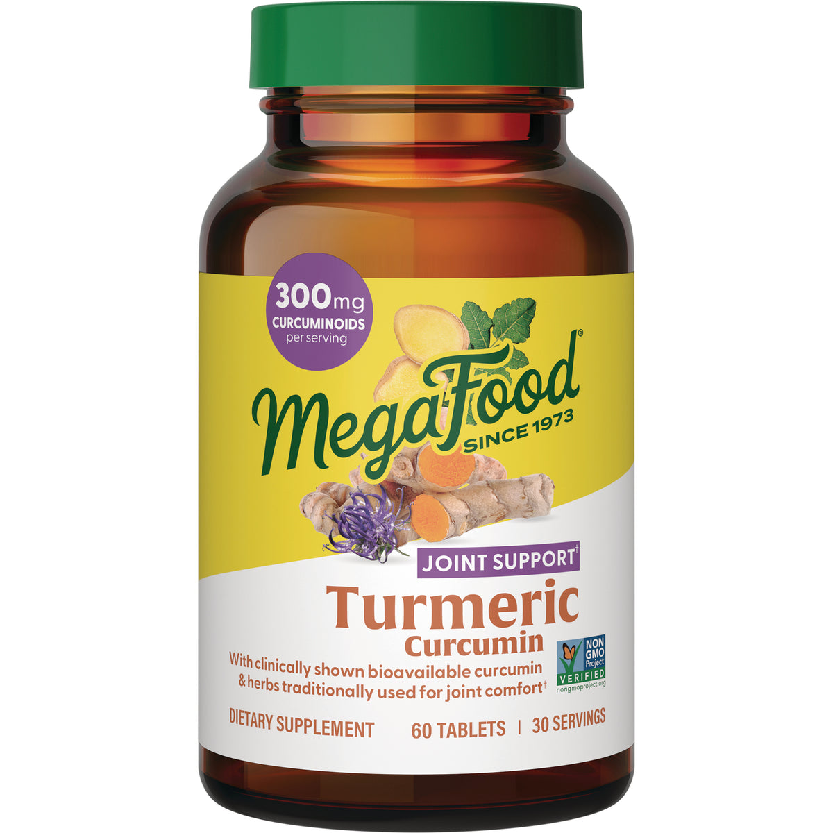 MGF062 | Amber supplement bottle of MegaFood Turmeric Curcumin Joint Support label reading 300mg curcuminoids 60 tablets