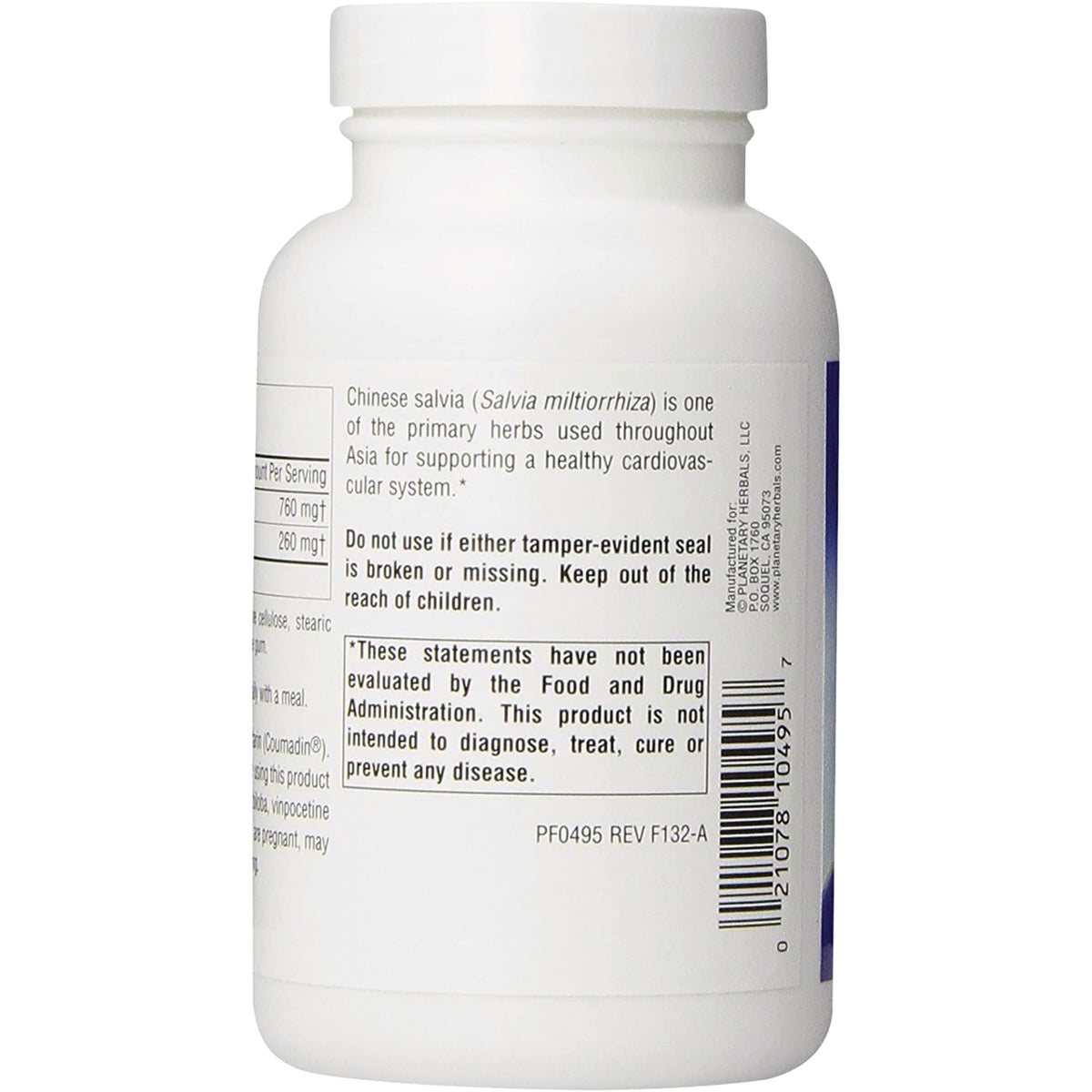 PF173 | back of white supplement bottle showing warning box, FDA disclaimer text and barcode