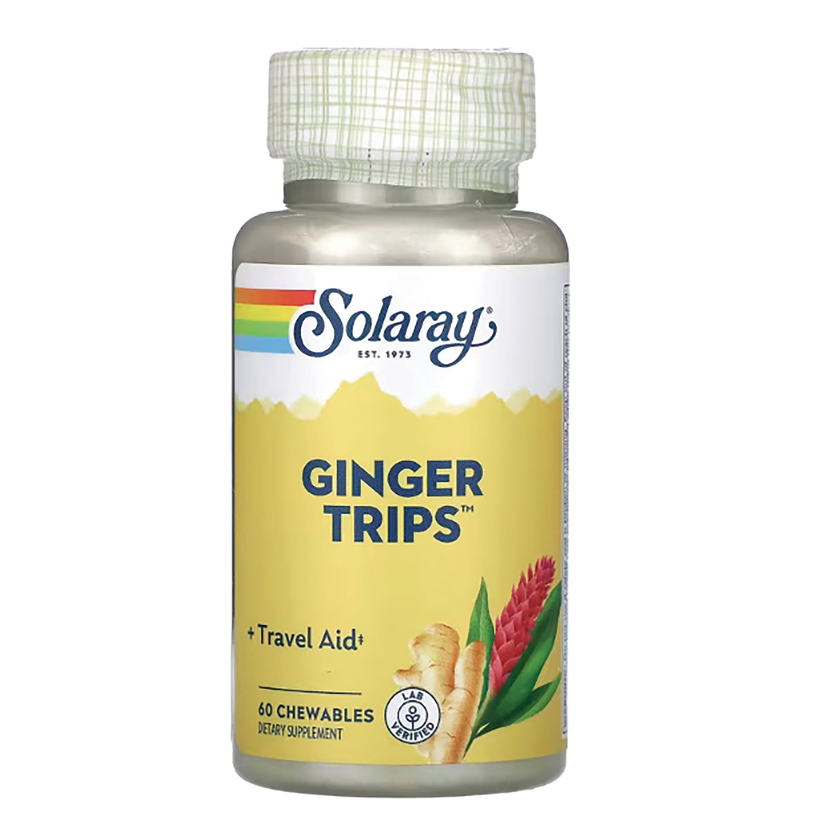 SLR299 | Solaray Ginger Trips + Travel Aid, 60 chewables dietary supplement bottle