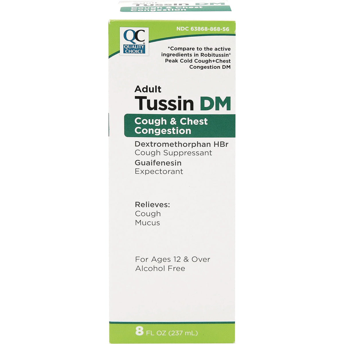 QCH021 | Adult Tussin DM cough and chest congestion box labeled Dextromethorphan HBr and Guaifenesin 8 FL OZ (237 mL)