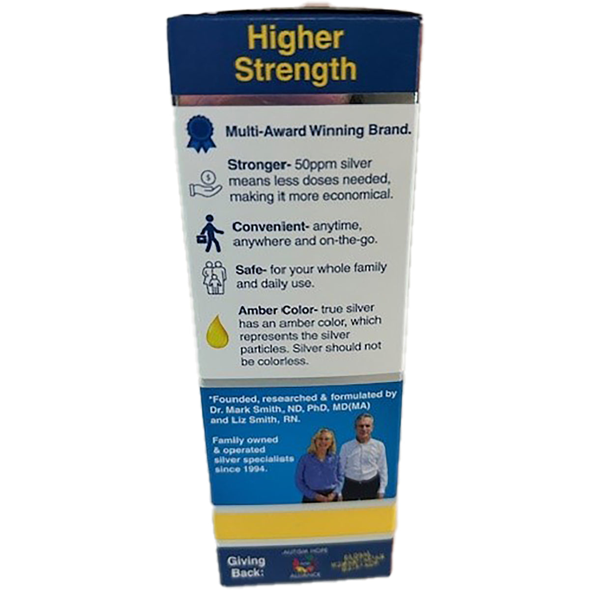 NPS007 | narrow product box side panel listing Higher Strength, benefits, amber color note and founders photo
