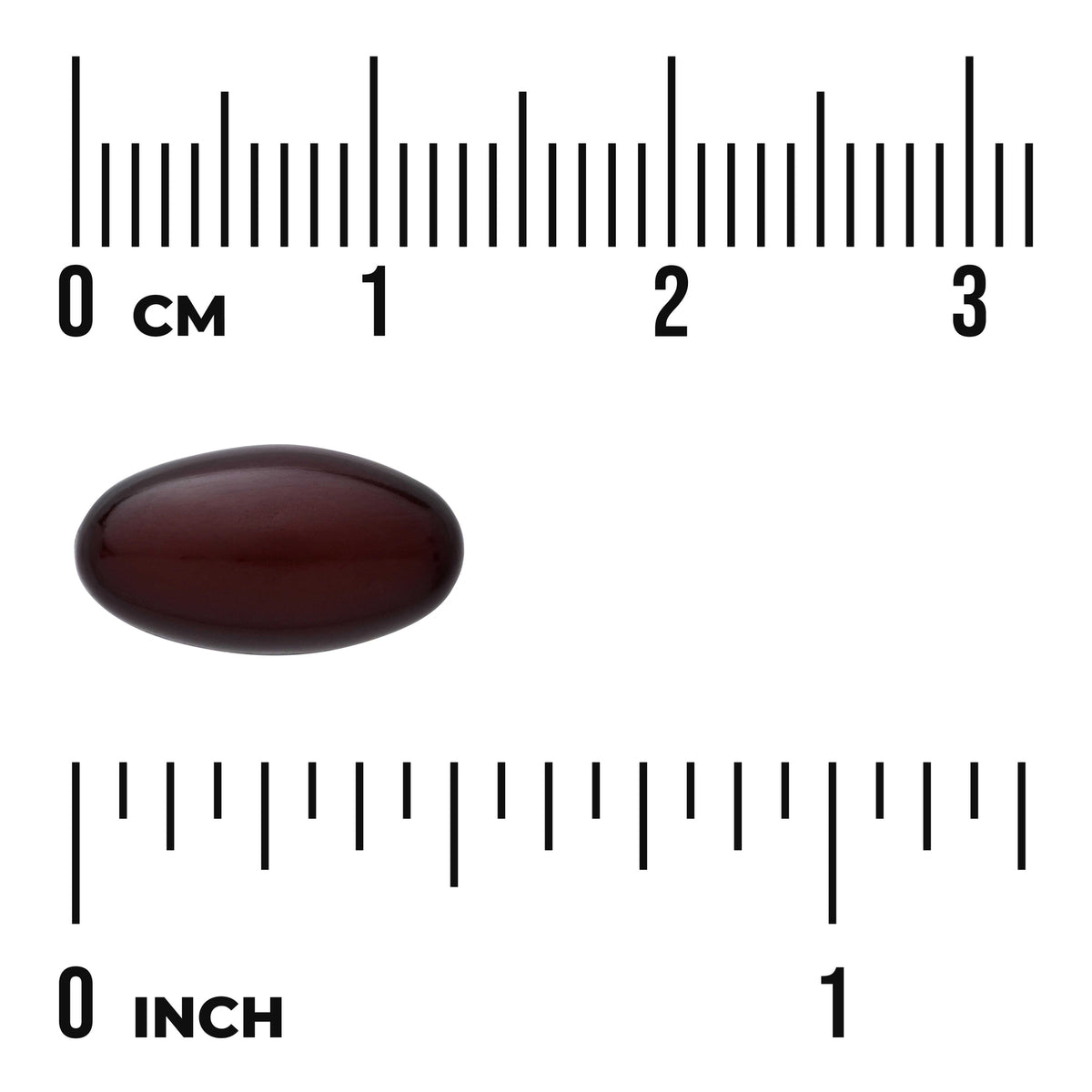 SWU671 | Dark oval softgel capsule with cm and inch rulers for size reference