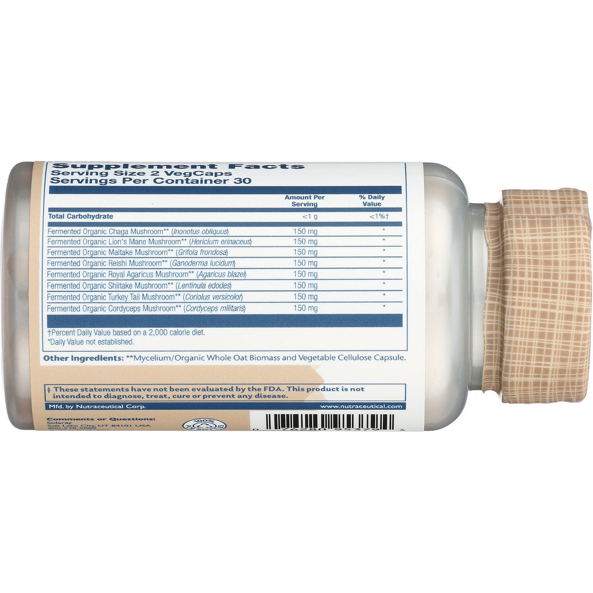 SLR463 | back label showing supplement facts, ingredient list and barcode on white bottle with beige patterned cap