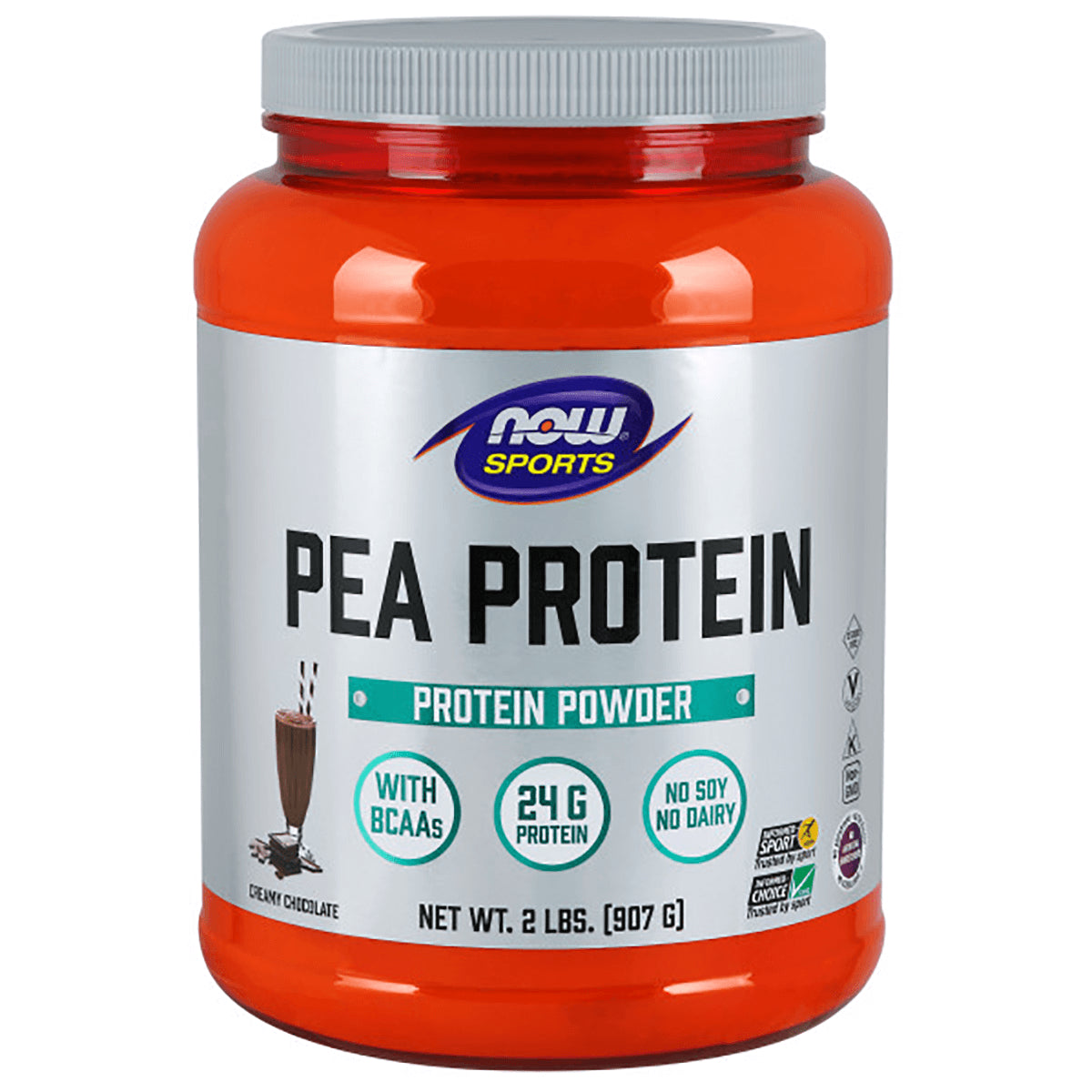 NWF1243 | NOW Sports pea protein powder 2 lb jar, creamy chocolate label, 24g protein, no soy no dairy