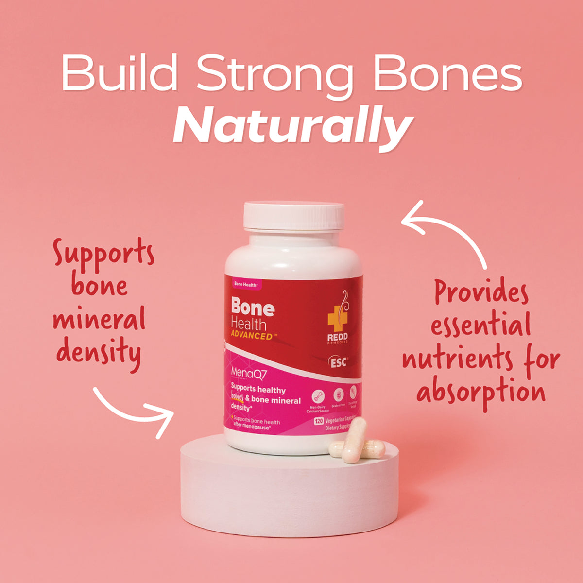 RED019 | Bone Health Advanced bottle on pink background with text Build Strong Bones Naturally, arrows highlight bone mineral density support and nutrient absorption