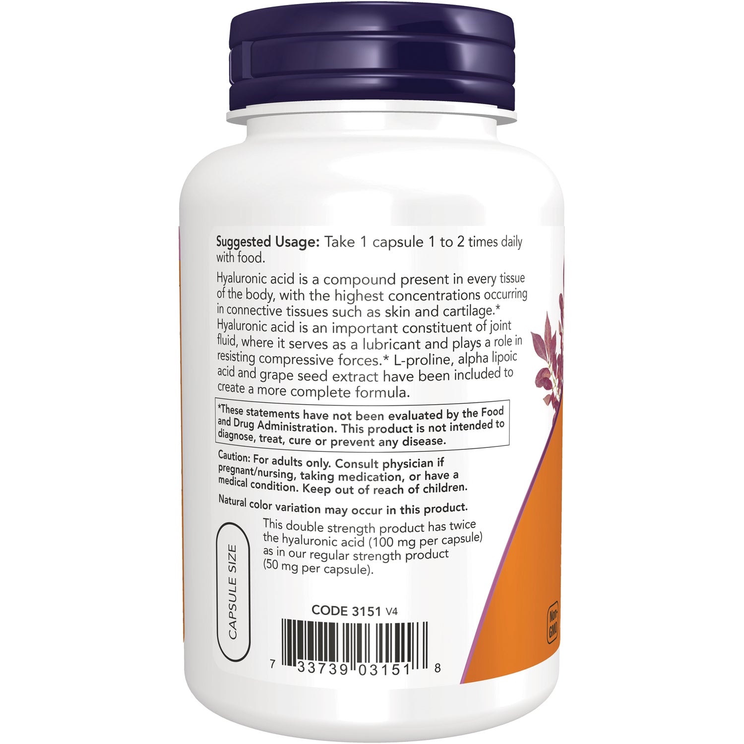 NWF1108 | Back label showing suggested usage, warnings, detailed text, and barcode on white supplement bottle