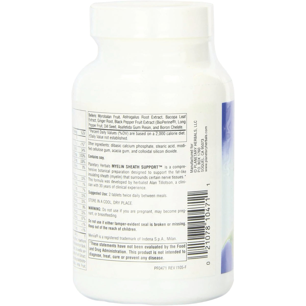 PF120 | Back of white supplement bottle showing ingredients, warnings, and barcode