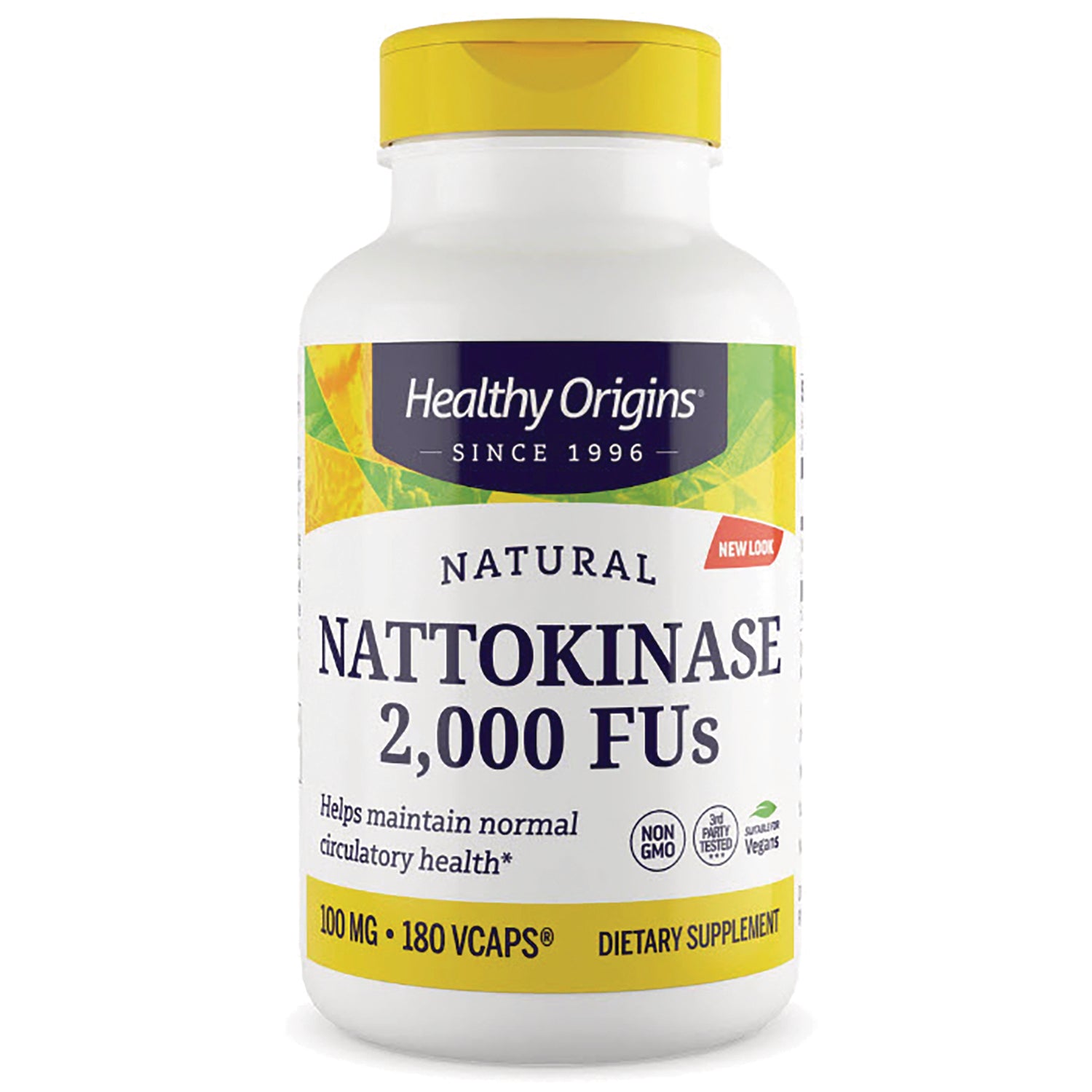Healthy Origins bottle of Natural Nattokinase 2,000 FUs dietary supplement, 100 mg, 180 Vcaps