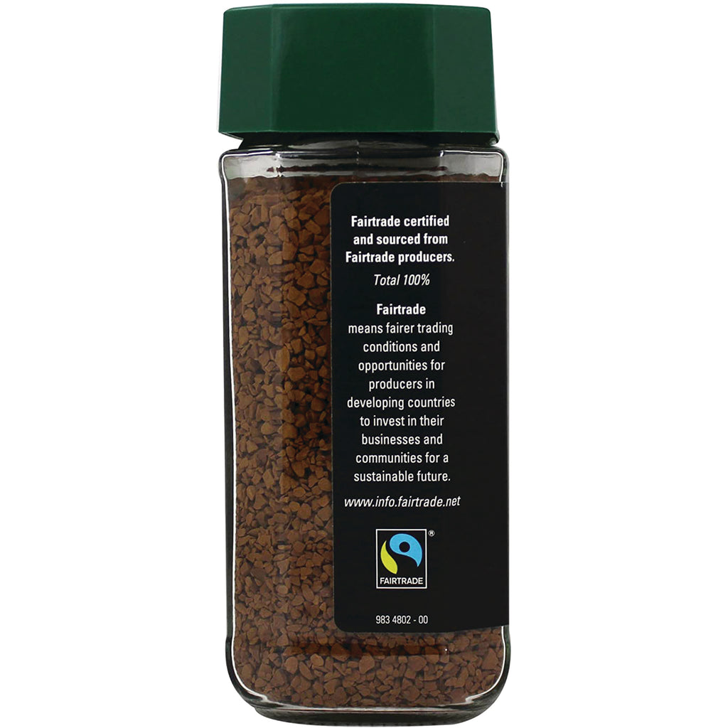 MTH005 | Glass jar of instant coffee with product infographic panel stating Fairtrade certified and sourcing information - Thumbnail