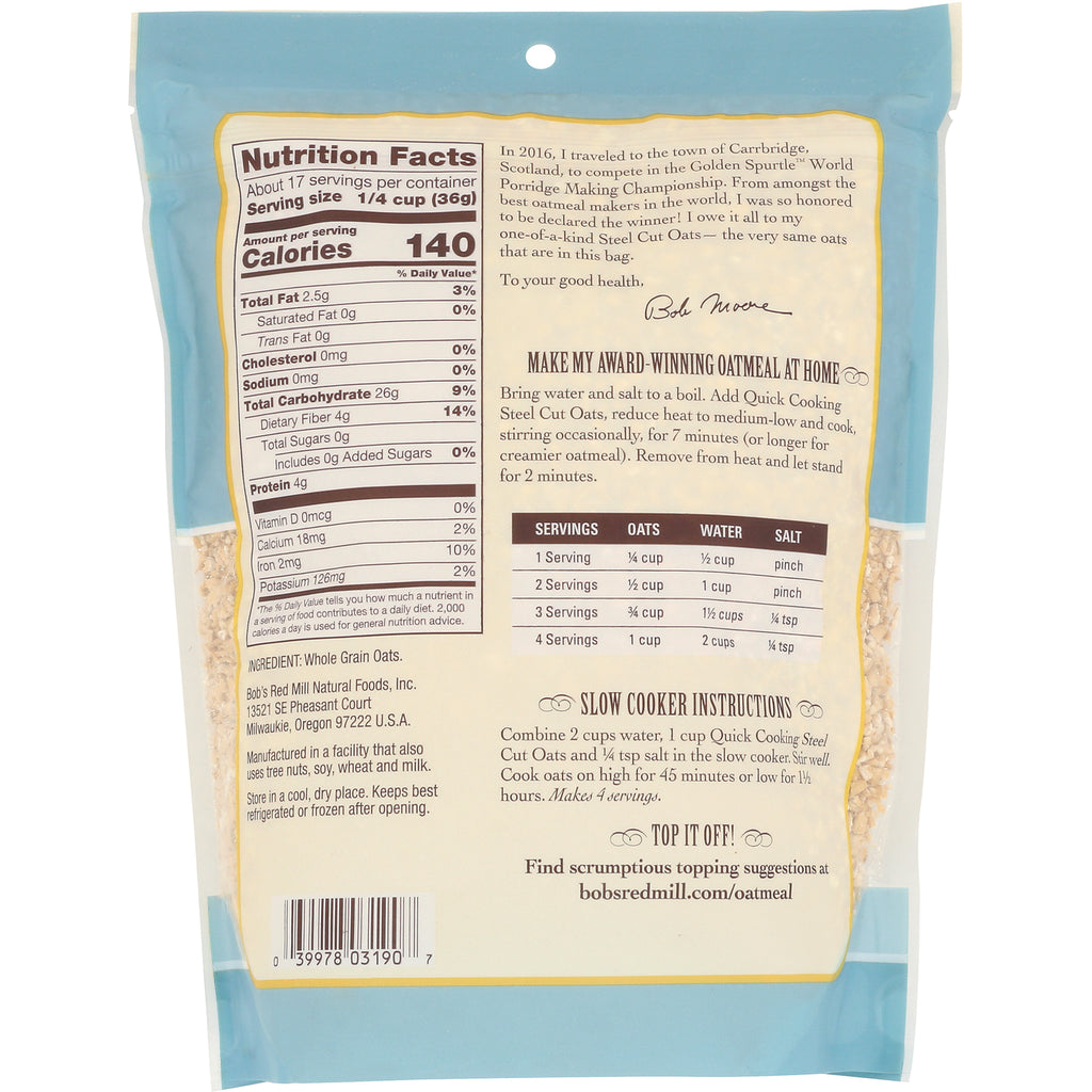 BOB339 | Back of oatmeal bag showing nutrition facts, serving table, cooking instructions, and barcode - Thumbnail