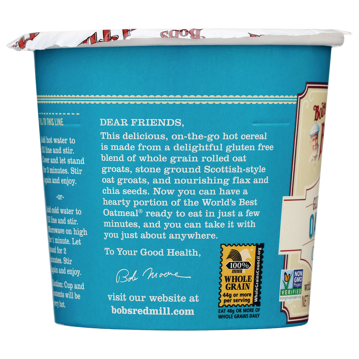 BOB226 | teal oatmeal cup side panel with product description text, whole grain badge, and bobsredmill.com