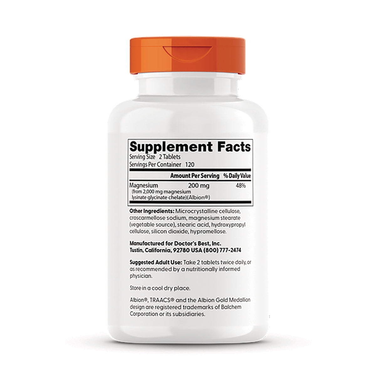 DB111 | back of white supplement bottle showing Supplement Facts panel with magnesium 200 mg and ingredient and usage text