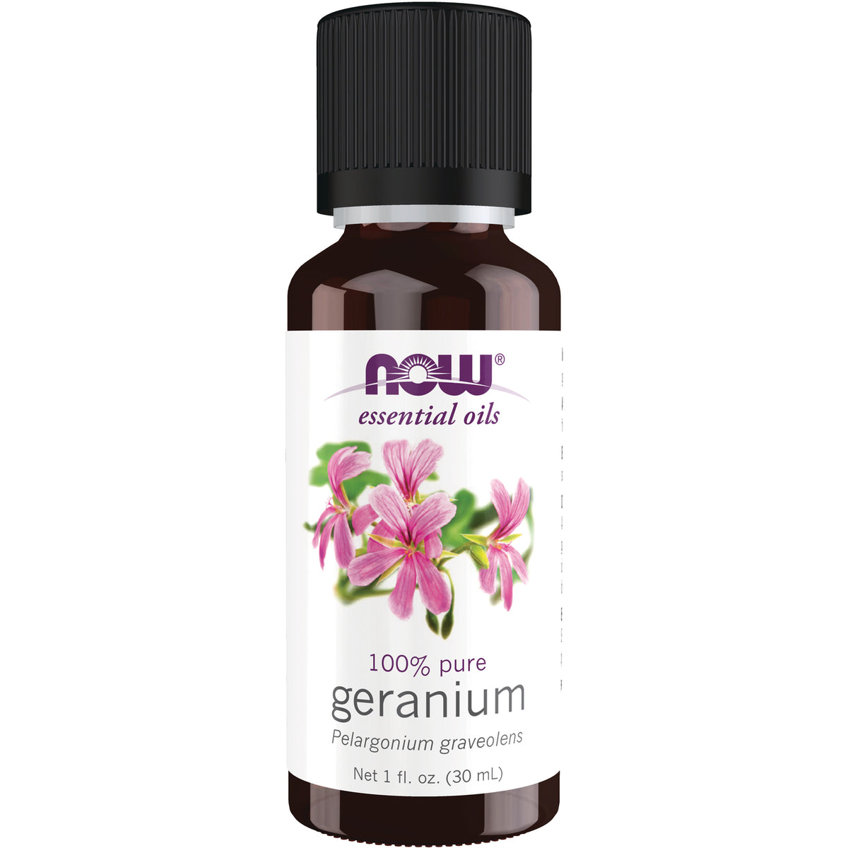 NWF477 | NOW essential oils 100% pure geranium bottle, 1 fl oz (30 mL) with pink geranium flowers on label
